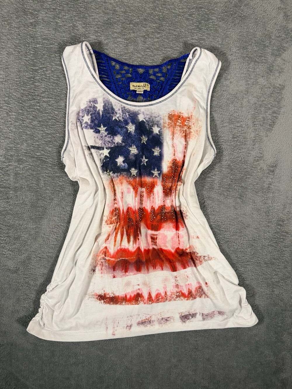 One World American Flag Tank Top White Blue Lace Back